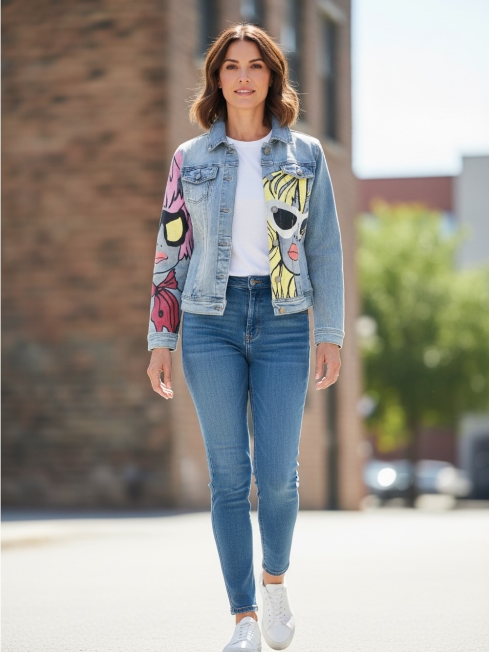 CHARLIE B Light Blue Denim Jacket with Pink & Yellow Pop Art Panels